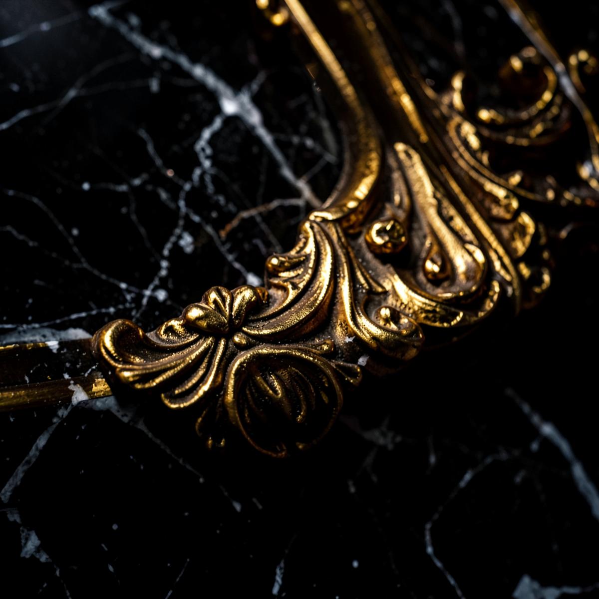 Ornate gold baroque detail on black marble