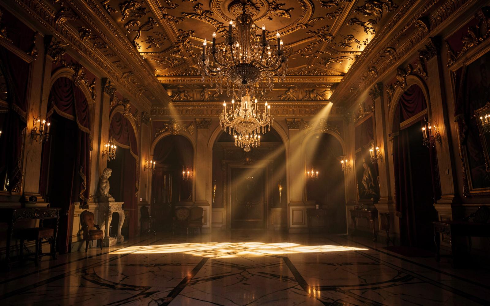 Gilded grand hall with crystal chandeliers and marble floors